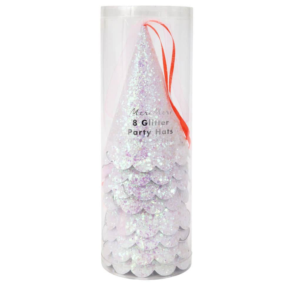 Shimmering pink and white glitter party hats in a clear cylindrical container, perfect for upscale celebrations and special events at The Wraperie.
