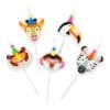 Colorful birthday cake topper picks featuring jungle and safari animals like giraffes, lions, tigers, zebras, and toucans, perfect for kids' birthday parties and party decoration supplies.