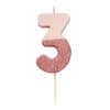 Number 3 birthday candle shaped like the number three with pink and glitter design, perfect for celebrating third birthdays and special events.