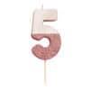 Number 5 birthday candle with glittery pink and white design for celebrations.