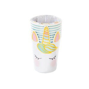 Colorful unicorn-themed paper cup with a whimsical design, perfect for parties and kids' events, featuring a smiling unicorn face, golden horn, and pastel accents.
