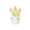 Colorful unicorn-themed paper cup with a cute, cartoon-style unicorn face, rainbow horn, and closed eyes, perfect for children's parties and celebrations.