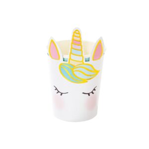 Colorful unicorn-themed paper cup with a cute, cartoon-style unicorn face, rainbow horn, and closed eyes, perfect for children's parties and celebrations.