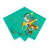 Colorful circus-themed paper napkins featuring illustrated zebras, giraffes, and tigers riding bicycles with balloons and confetti for party decor.