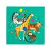 Colorful illustrated animal print featuring a zebra, giraffe, tiger, monkey, and playful decorations, perfect for kids' party themes and gift wrapping.
