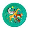 Colorful circus animal party plate with zebra, giraffe, tiger, monkey, and festive decorations, perfect for children's birthday celebrations themed around wild animals and fun.