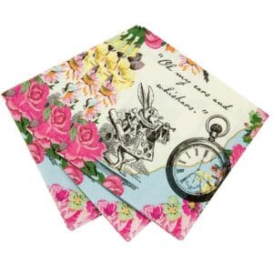 Colorful floral printed custom paper napkin with Alice in Wonderland and pocket watch design, perfect for tea parties and themed celebrations.