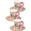 Pink floral and black-and-white cartoon animal coffee mug and saucer set, decorative tea cups with pink handles, perfect for vintage-inspired tableware and whimsical tea time accessories.