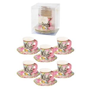 Colorful tea cup and saucer set featuring whimsical Alice in Wonderland design, perfect for tea parties or gifts from The Wraperie.