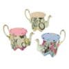 Whimsical teapot-shaped storage containers with vintage and floral designs, perfect for tea lovers and decorative kitchen accents. Unique, colorful, and collectible tea-themed decor items.
