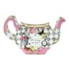 Hand-painted teapot with floral and whimsical tea time design, featuring pink accents, butterflies, pocket watch, and quote, perfect for tea lovers and home decor.