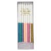 Colorful birthday candles with glitter accents in a decorative box, perfect for celebrating special occasions and adding a festive touch to birthday cakes. Ideal for party decor and memorable celebrations.