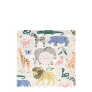 Colorful animal-themed napkin design featuring cute wild animals including a lion, elephant, zebra, giraffe, flamingo, crocodile, and more, perfect for kids' parties or animal lovers.