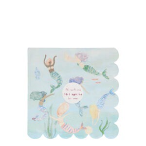 Vibrant mermaid-themed paper napkins featuring colorful mermaids and underwater life, perfect for ocean-inspired parties and events, made by The Wraperie.