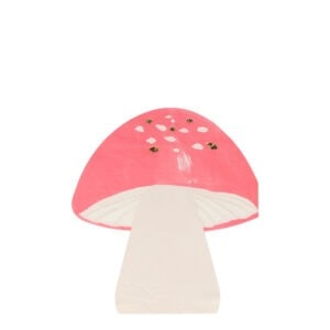 Colorful mushroom-shaped cake topper with pink and white details, adorned with edible gold and white heart-shaped sprinkle decorations, perfect for birthday and celebration decor.