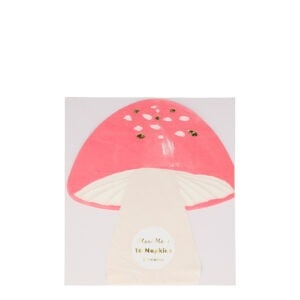 Pink mushroom-themed napkin pack with gold and white accents, perfect for decorating parties and events.