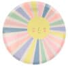 Colorful paper plate featuring a cheerful sun with a smiling face, perfect for kids' parties and summer celebrations. Bright pastel shades and playful design for fun event tableware.