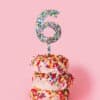 6. Bright pink background with colorful birthday donuts topped with rainbow sprinkles and a glittery number six cake topper, celebrating a 6th birthday at The Wraperie.