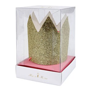 Shiny gold glitter crown cake topper in clear display box for party decorations. Perfect for birthday, celebration, or special event embellishments to add a touch of elegance.