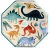 Colorful dinosaur-themed dinner plates with assorted prehistoric creature illustrations, perfect for kids' parties and educational activities.