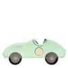 Cream-colored toy race car with the number 4 on the side, featuring black wheels with white spokes and a sleek, rounded design for children's play.