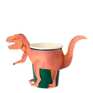 A dinosaur-themed cup holder featuring a pink T-Rex design, perfect for kids and dinosaur enthusiasts, made by The Wraperie. Fun, functional, and creatively designed for playful environments.