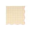 Soft pastel yellow and pink gingham disposable napkin with scalloped edges, ideal for picnics, parties, and catering events. Elegant tableware for special occasions and everyday use.