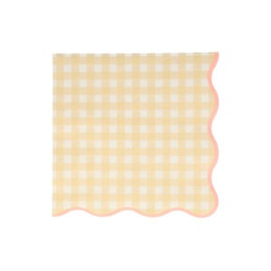 Soft pastel yellow and pink gingham disposable napkin with scalloped edges, ideal for picnics, parties, and catering events. Elegant tableware for special occasions and everyday use.