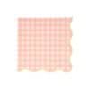 Pink gingham dessert napkin with scalloped edges, perfect for parties and gatherings. Adds a touch of charm and elegance to table settings. Ideal for picnics, birthdays, and themed events.