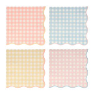 Pink and blue gingham napkins with scalloped edges, perfect for picnics, parties, and casual dining, showcasing the charming and colorful designs at The Wraperie.