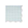 Blue gingham paper napkin with pink scalloped edges for wedding or party decor.
