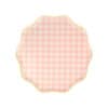 Delicate pink and cream gingham fabric napkin with scalloped edges, ideal for stylish table settings and casual dining. Perfect for themed parties, picnics, and farmhouse-inspired decor.