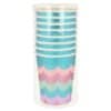 Colorful pastel paper cups with scalloped design, stacked in a clear container, perfect for party supplies and gatherings.