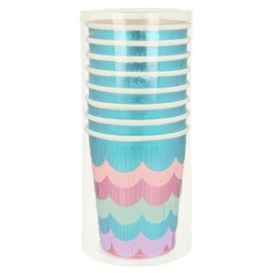 Colorful pastel paper cups with scalloped design, stacked in a clear container, perfect for party supplies and gatherings.