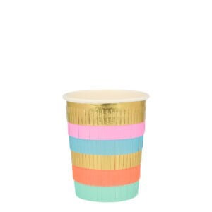 Colorful party paper cups with gold, pink, blue, and orange stripes, perfect for celebrations and events.