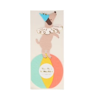 Colorful napkins featuring a playful dog illustration with party hat, perfect for birthday celebrations and children's parties. Bright, vibrant design adds fun to any event.