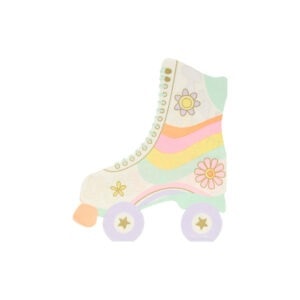 Colorful pastel rainbow and flower-themed roller skate illustration for kids.