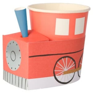 Colorful paper ice cream truck container for party favors or decorative storage, featuring vibrant pink, blue, and white design elements.
