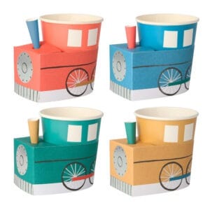Colorful bicycle-themed paper cups designed for fun events and parties, featuring vibrant colors and creative bicycle illustrations, perfect for enhancing your party experience.