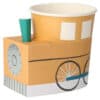 Colorful ice cream cart with whimsical bicycle design, perfect for serving delicious frozen treats at events and parties. Custom branding options available for businesses.