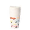 Stack of disposable paper cups with race car and traffic design, perfect for party or event drinks.