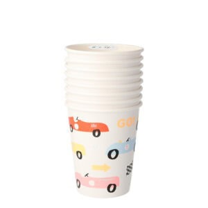 Stack of disposable paper cups with race car and traffic design, perfect for party or event drinks.