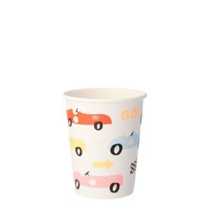 Colorful paper cup with race car and transportation themed design, perfect for fast food, beverages, and parties. Ideal for kids' events, picnics, and casual dining.