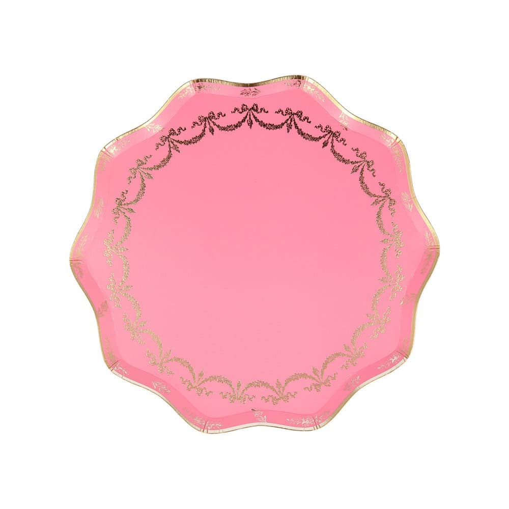Pink decorative paper plate with gold ornate border, perfect for birthday parties and celebrations. Stylish and elegant party supply from The Wraperie.