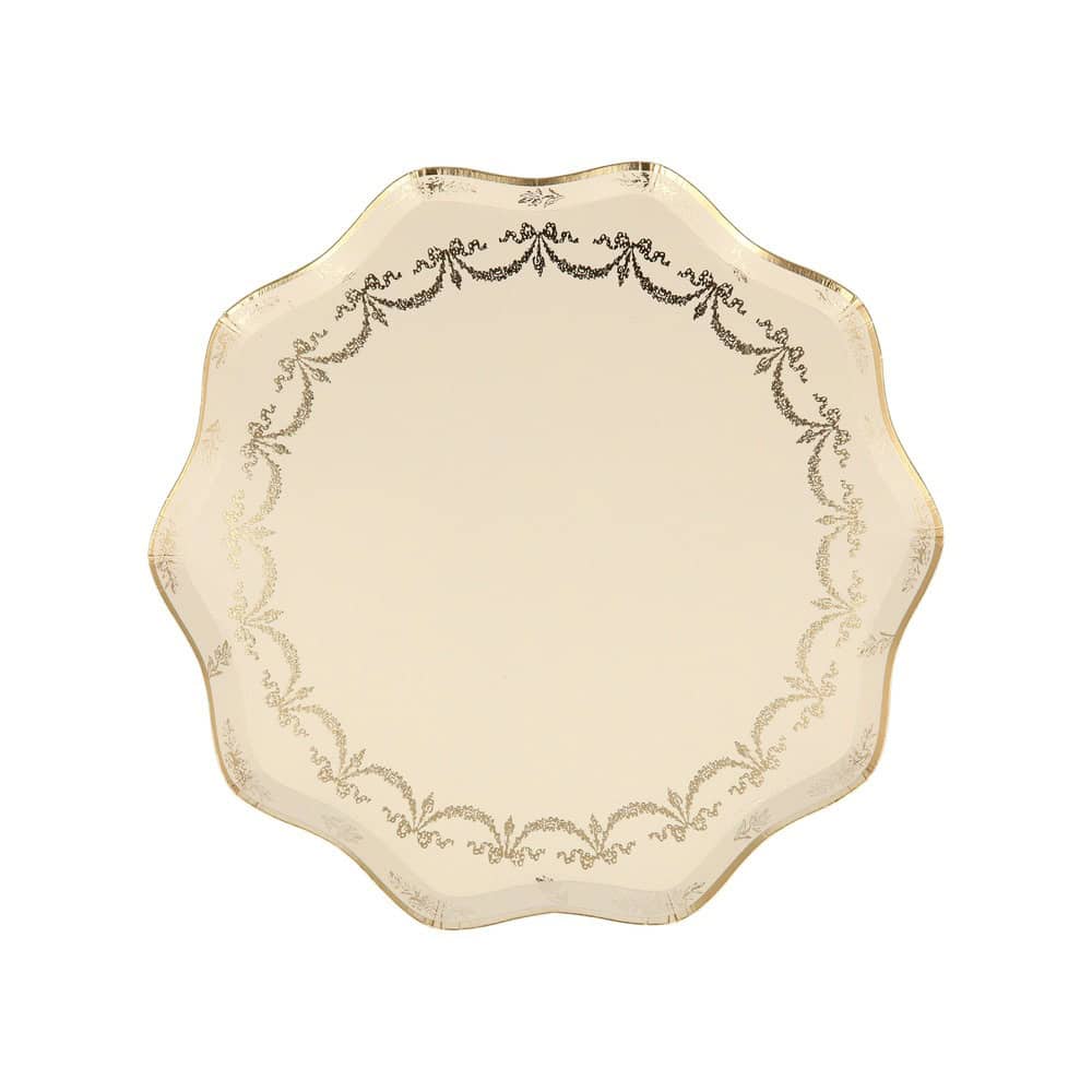 Elegant vintage-style ceramic platter with ornate gold and silver detailing, ideal for serving appetizers, desserts, or displaying decorative items; perfect for special occasions and upscale dining.