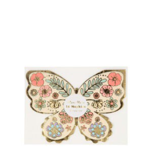 Delicate paper napkins featuring a colorful butterfly design with floral accents, perfect for elegant table settings and special occasions.