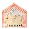 Colorful circus-themed canvas print featuring acrobats, a lion, and a circus clown inside a striped tent, perfect for children’s rooms or play areas.
