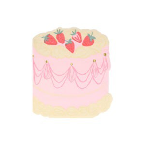 Strawberry-themed cake illustration with pink icing and decorative details, ideal for bakery and dessert branding.