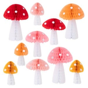 Colorful mushroom-shaped paper party decorations, perfect for birthdays, baby showers, and festive events. Bright, whimsical, and lightweight honeycomb tissue paper designs.