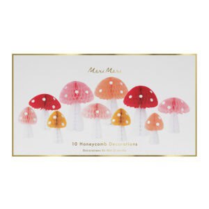 Bright honeycomb mushroom-shaped decorative ornaments in pastel pink, red, orange, and yellow, perfect for whimsical home decor and gift embellishments.